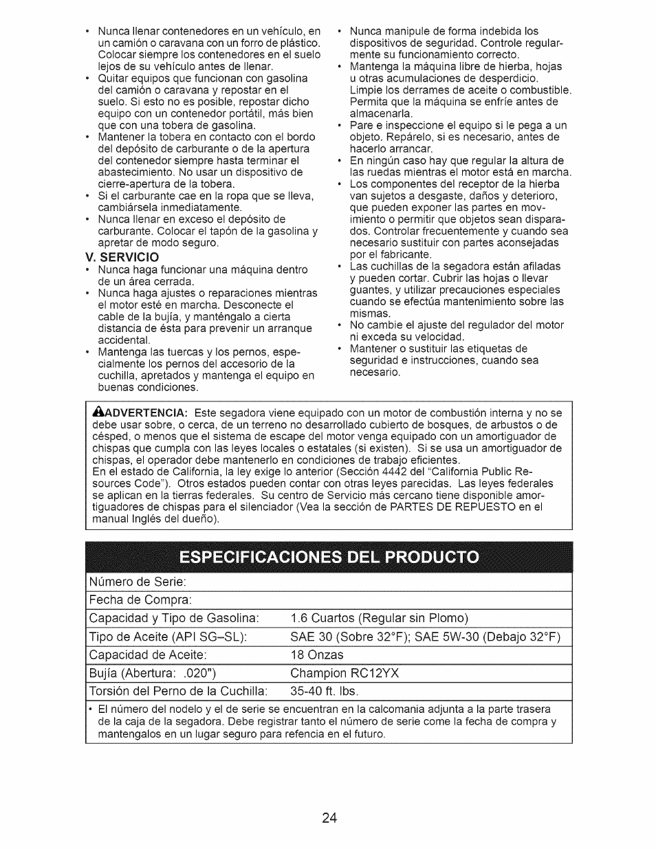 Servicio, Especificaciones del producto | Craftsman 917.374111 User Manual | Page 24 / 52