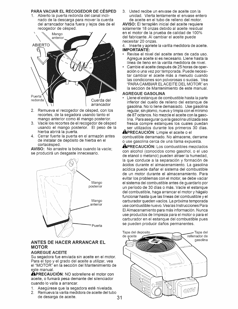 Antes de hacer arrancar el motor | Craftsman 917.374111 User Manual | Page 31 / 52