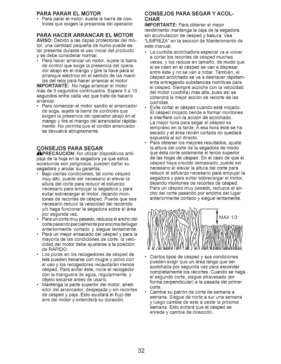 Para hacer arrancar el motor, Consejos para segar y acolchar | Craftsman 917.374111 User Manual | Page 32 / 52