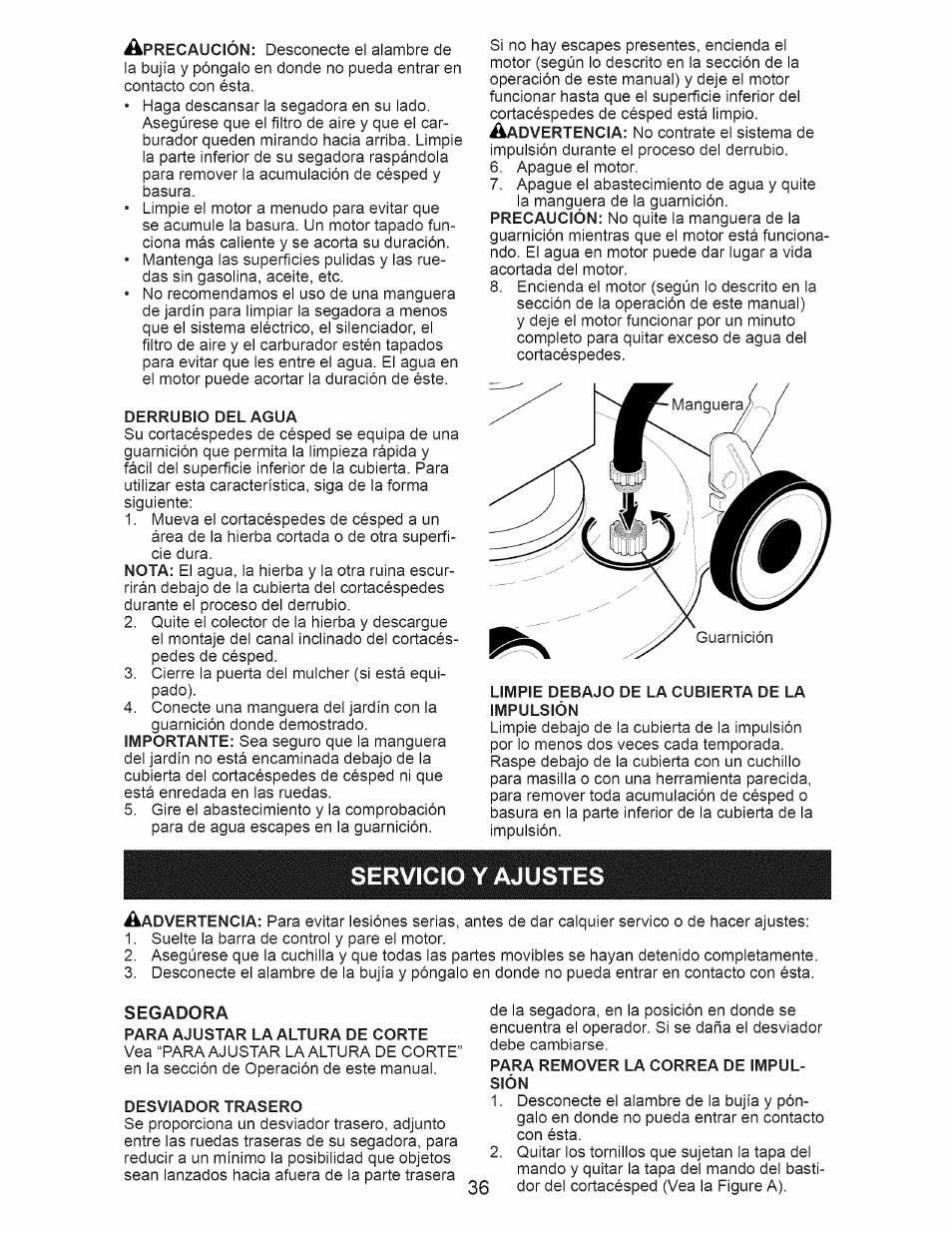 Servicio y ajustes, Segadora | Craftsman 917.374111 User Manual | Page 36 / 52