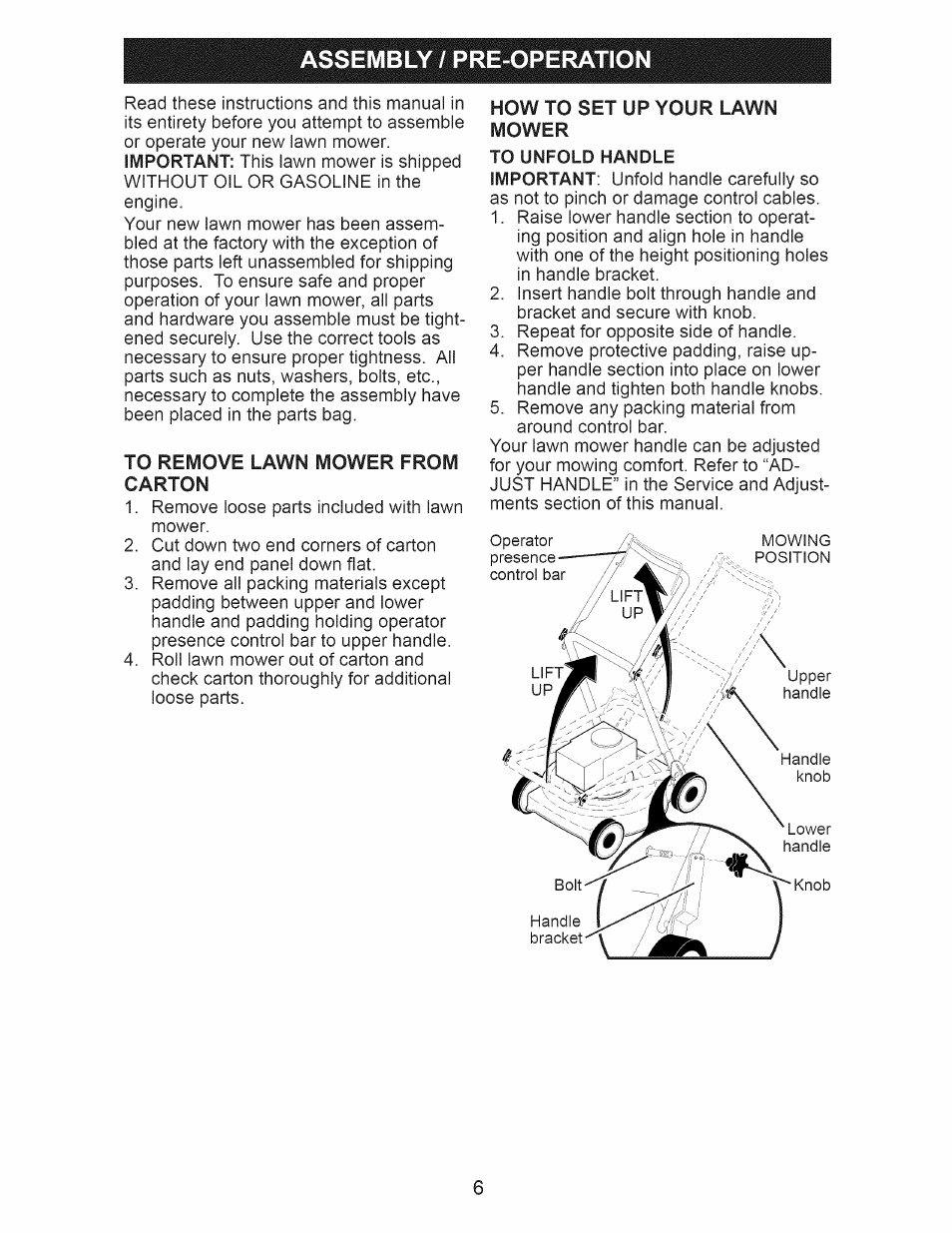 Assembly / pre-operation | Craftsman 917.374111 User Manual | Page 6 / 52