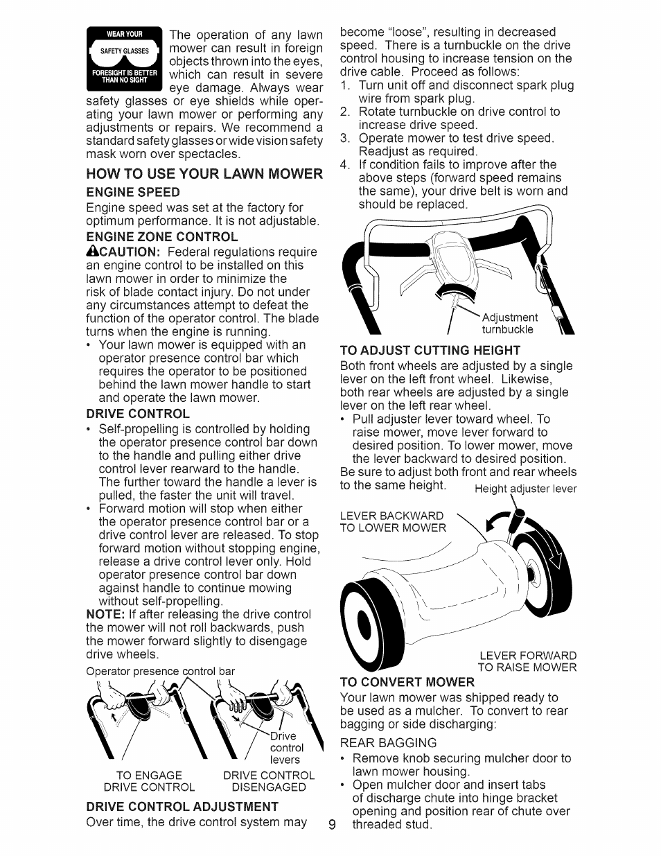 Engine speed, Drive control, To adjust cutting height | Drive control adjustment, To convert mower, X r j, How to use your lawn mower | Craftsman 917.374111 User Manual | Page 9 / 52