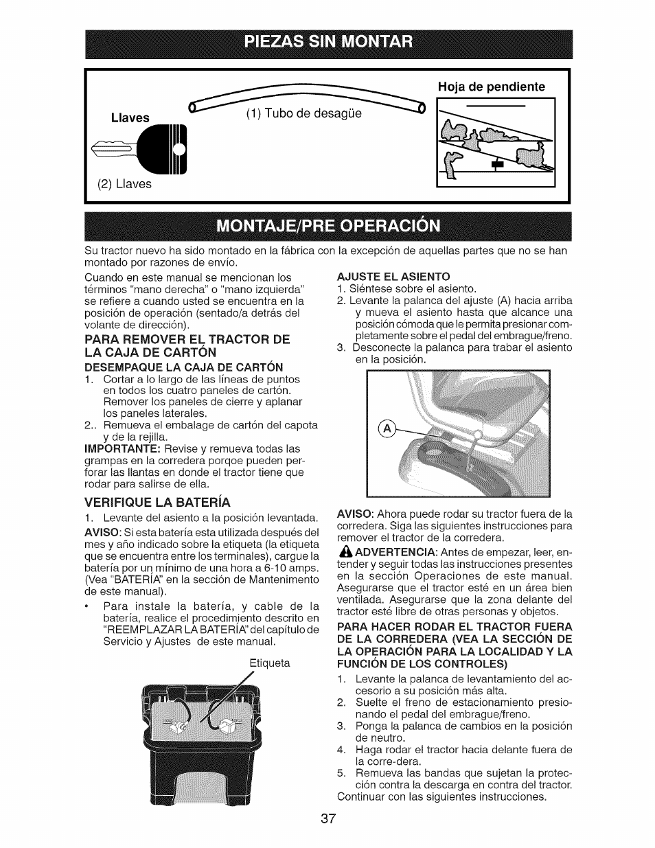 Llaves, Piezas sin montar, Montaje/pre operacion | Craftsman 917.28921 User Manual | Page 37 / 64