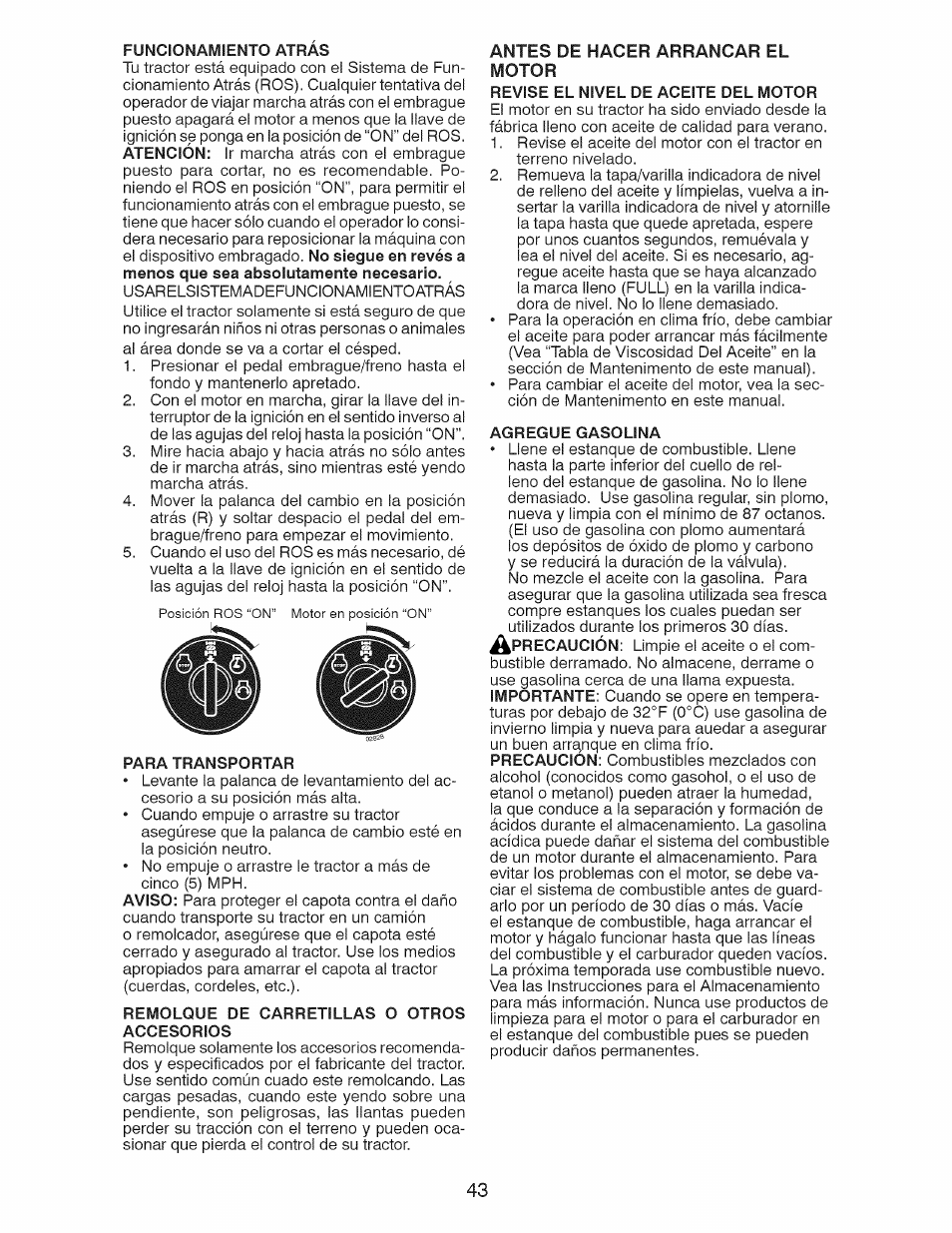 Antes de hacer, El motor 43 | Craftsman 917.28921 User Manual | Page 43 / 64