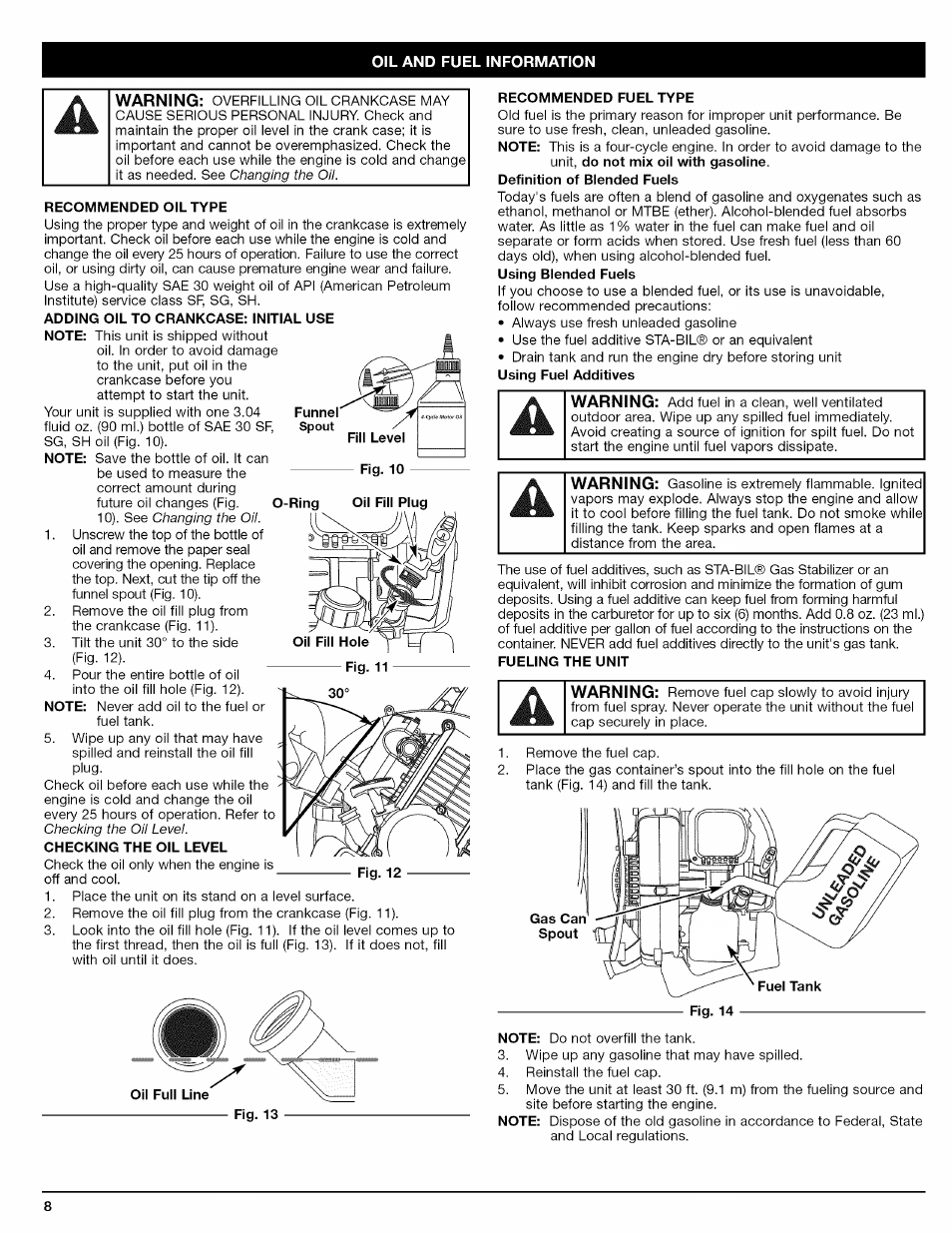 Recommended oil type, Note, Recommended fuel type | Craftsman 316.794800 User Manual | Page 8 / 36