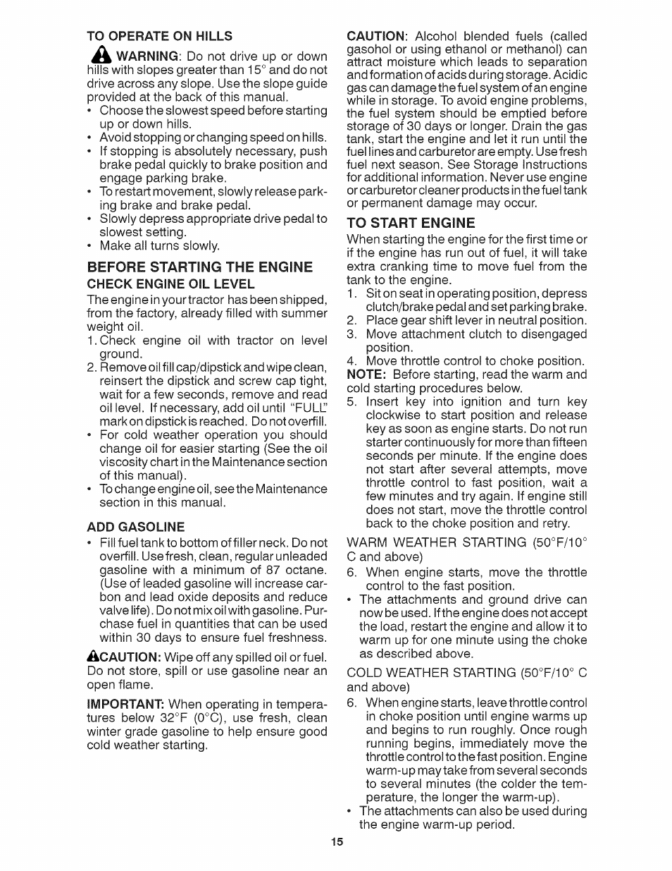 Before starting the engine check engine oil level, Add gasoline, To start engine | Craftsman 917.28035 User Manual | Page 15 / 64