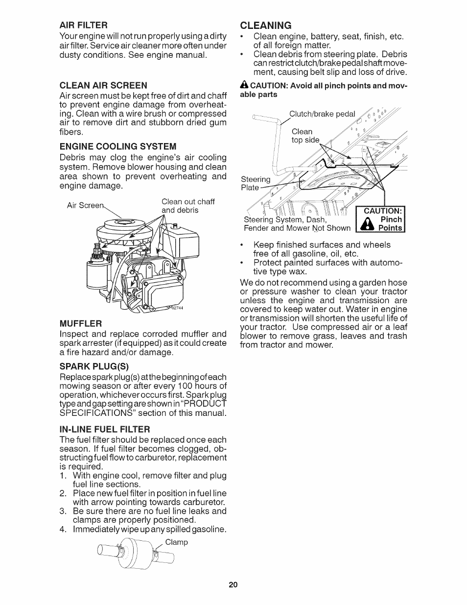 Air filter, Clean air screen, Engine cooling system | Muffler, Spark plug(s), In-line fuel filter, Cleaning | Craftsman 917.28035 User Manual | Page 20 / 64