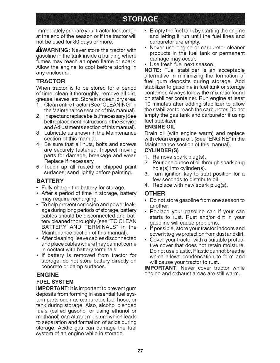Storage, Tractor, Battery | Engine oil, Other | Craftsman 917.28035 User Manual | Page 27 / 64