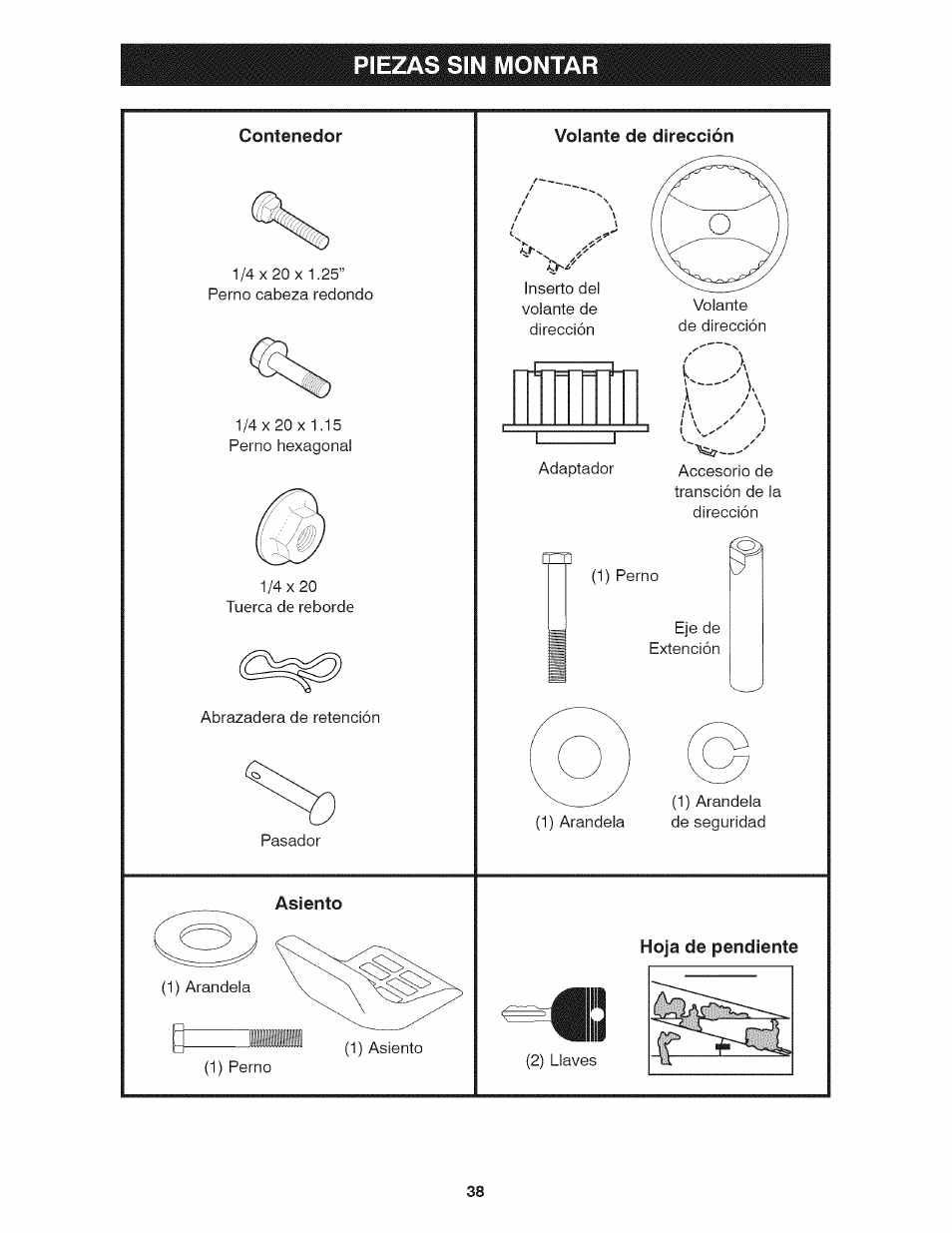 Piezas sin montar, Volante de dirección, Asiento | Hoja de pendiente | Craftsman 917.28035 User Manual | Page 38 / 64