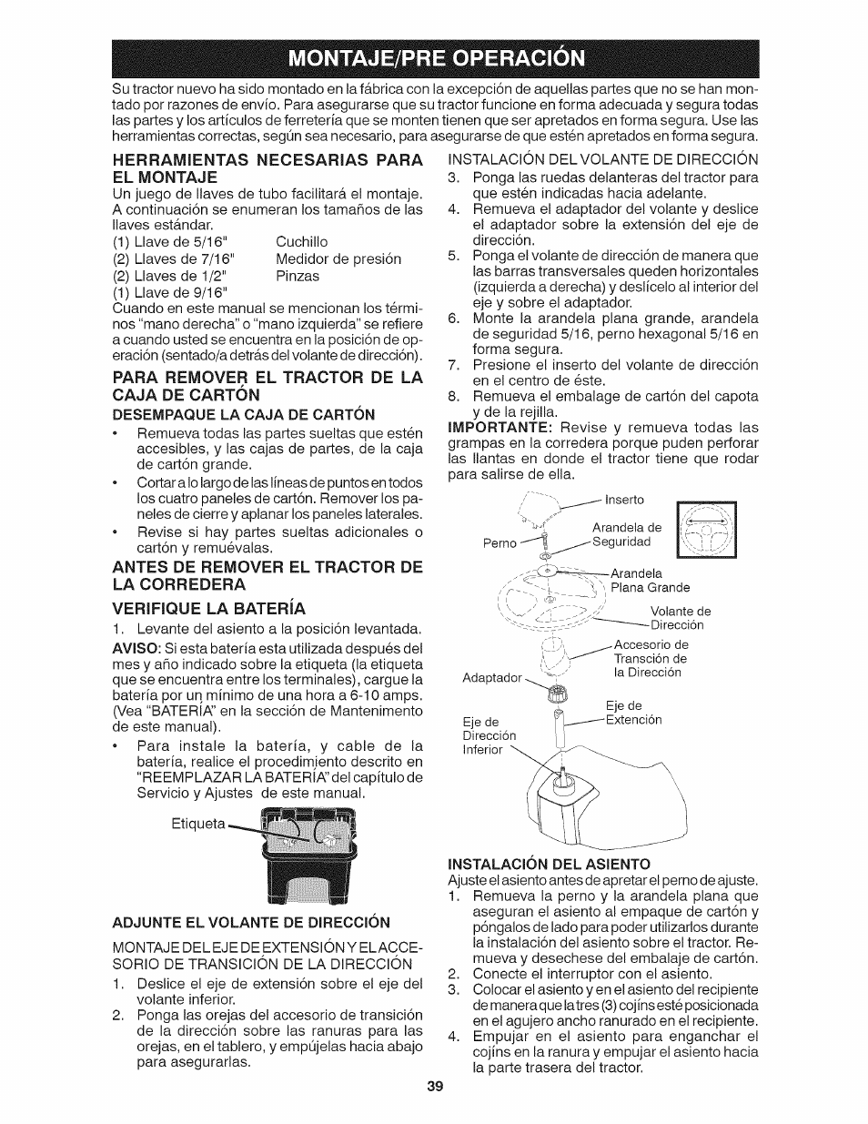 Montaje/pre operacion, Herramientas necesarias para el montaje, Antes de remover el tractor de la corredera | Verifique la batería | Craftsman 917.28035 User Manual | Page 39 / 64