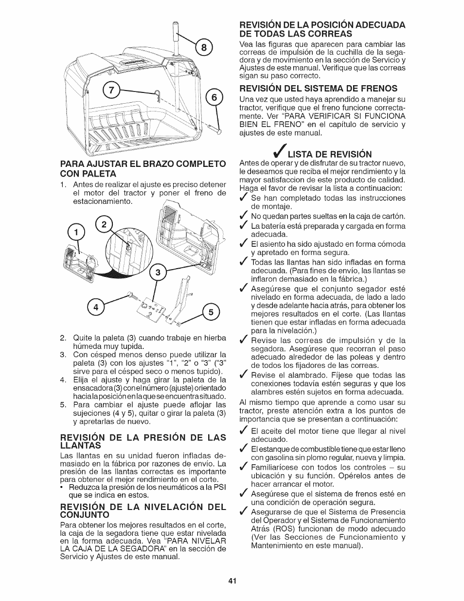 Revisión de la presión de las llantas, Revisión de la nivelación del conjunto, Revisión del sistema de frenos | Lista de revisión | Craftsman 917.28035 User Manual | Page 41 / 64