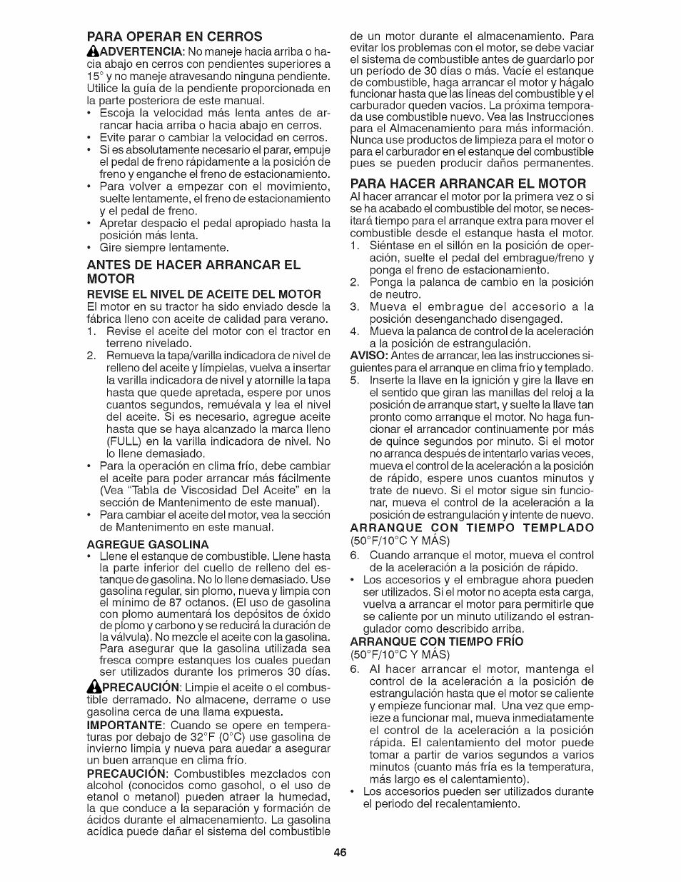 Antes de hacer arrancar el motor, Para hacer arrancar el motor | Craftsman 917.28035 User Manual | Page 46 / 64