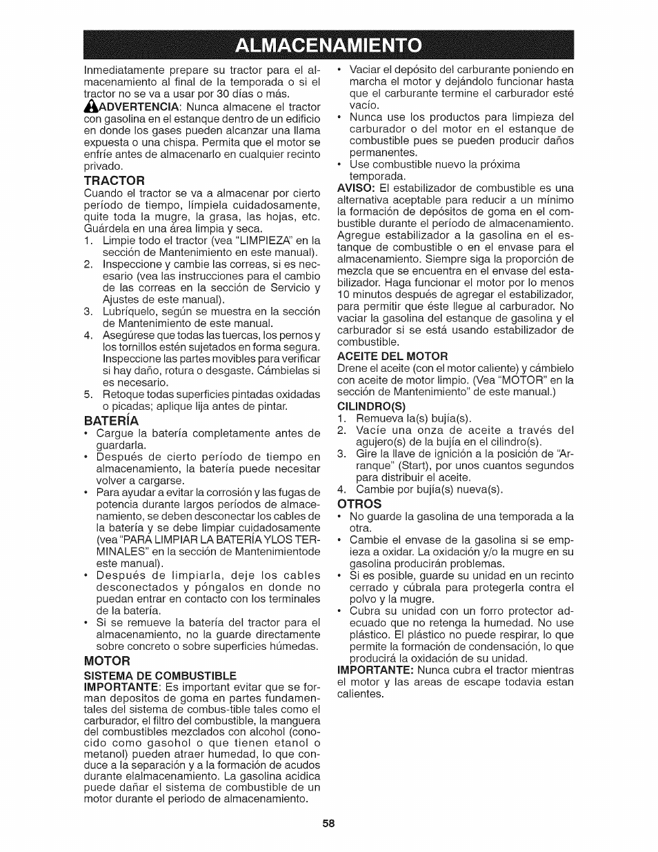 Almacenamiento, Tractor, Batería | Motor, Otros | Craftsman 917.28035 User Manual | Page 58 / 64