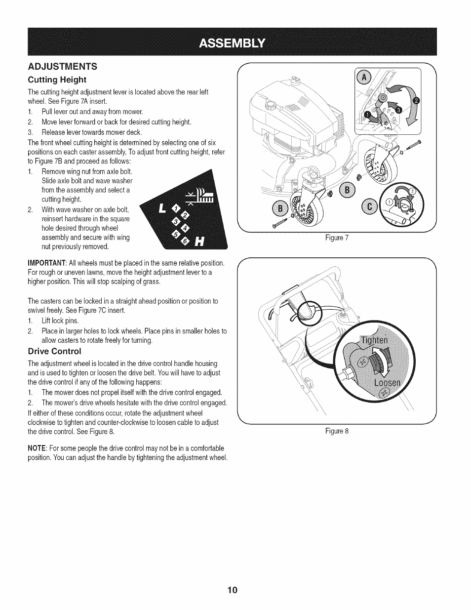 Adjustments cutting height, Drive control | Craftsman 247.887210 User Manual | Page 10 / 60