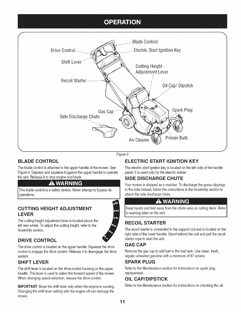 Awarning, Cutting height adjustment lever, Drive control | Shift lever, Side discharge chute, Recoil starter, Gas cap, Spark plug, Oil cap/dipstick, Operation | Craftsman 247.887210 User Manual | Page 11 / 60