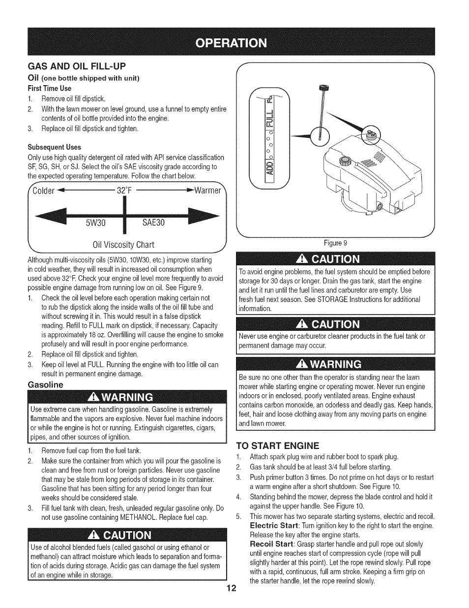 Gasoline, A caution, Operation | Warning, Caution | Craftsman 247.887210 User Manual | Page 12 / 60