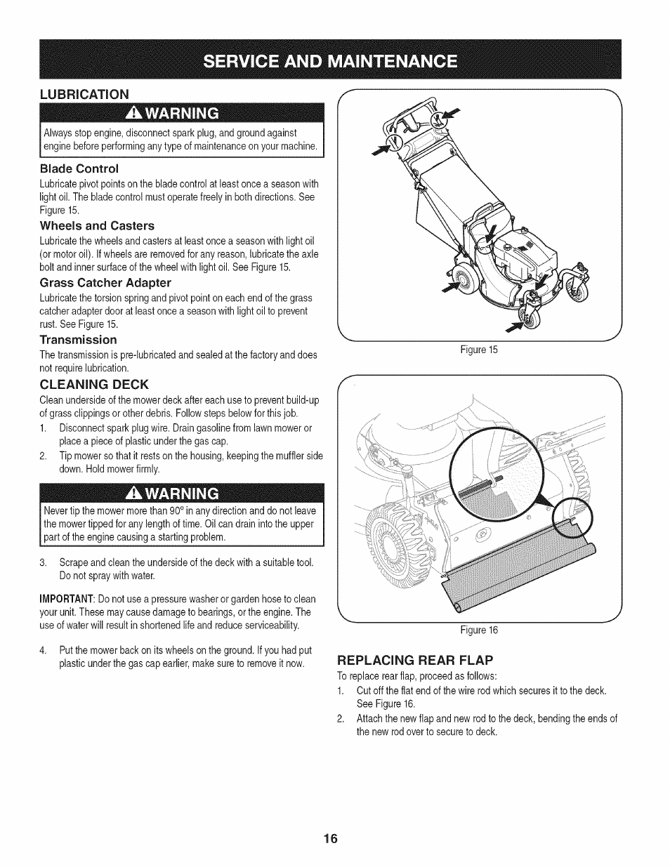 Blade control, Wheels and casters, Transmission | Cleaning deck, Replacing rear flap, Service and maintenance, Warning | Craftsman 247.887210 User Manual | Page 16 / 60