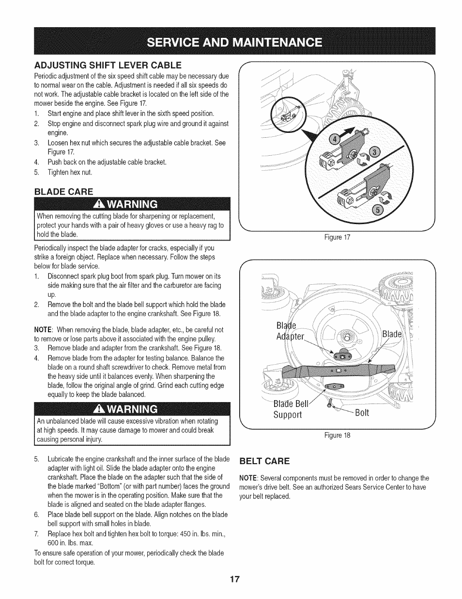 Blade care, Belt care, Service and maintenance | Warning | Craftsman 247.887210 User Manual | Page 17 / 60