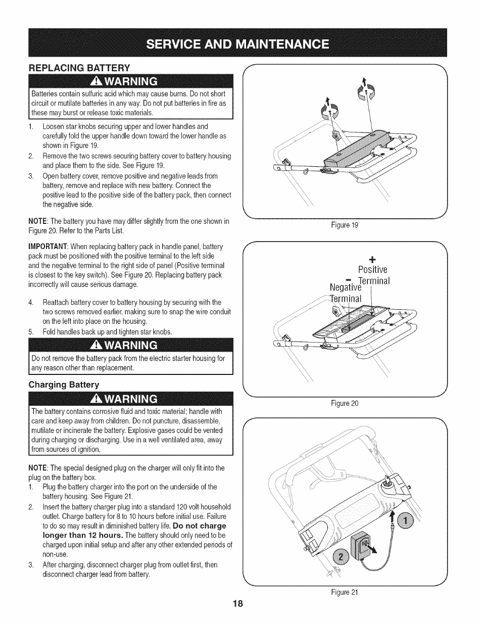 Charging battery, Service and maintenance, Warning | Craftsman 247.887210 User Manual | Page 18 / 60