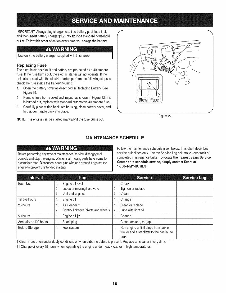 A warning, Replacing fuse, Maintenance schedule | Awarning, Service and maintenance | Craftsman 247.887210 User Manual | Page 19 / 60