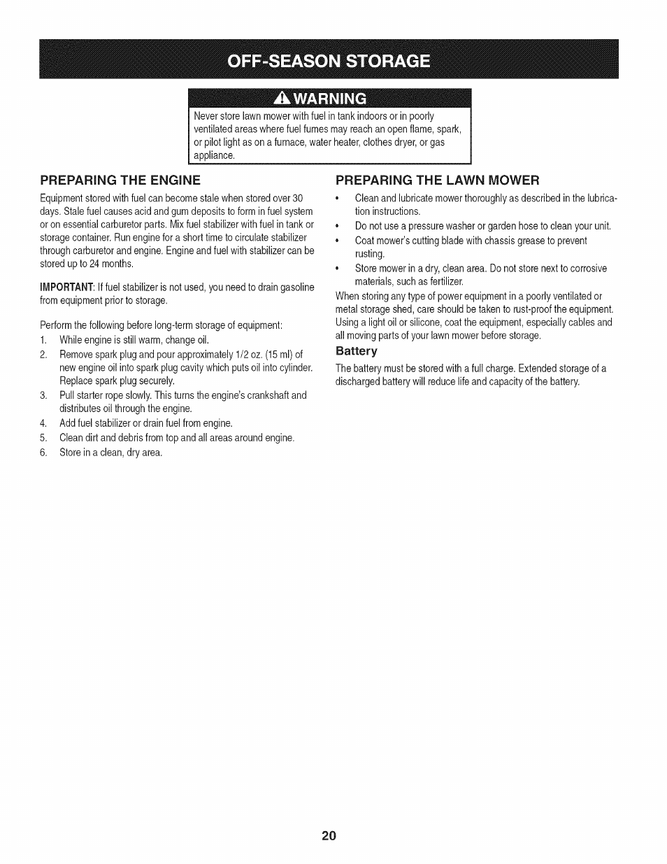 Preparing the engine, Preparing the lawn mower, Battery | Off-season storag, Warning | Craftsman 247.887210 User Manual | Page 20 / 60