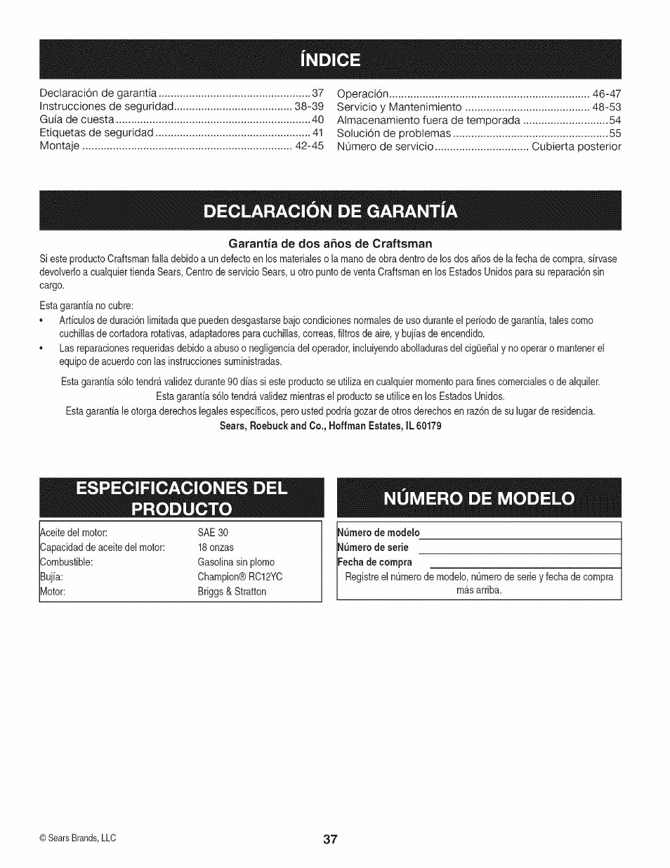 Declaracion de garantia, Garantía de dos años de craftsman | Craftsman 247.887210 User Manual | Page 37 / 60