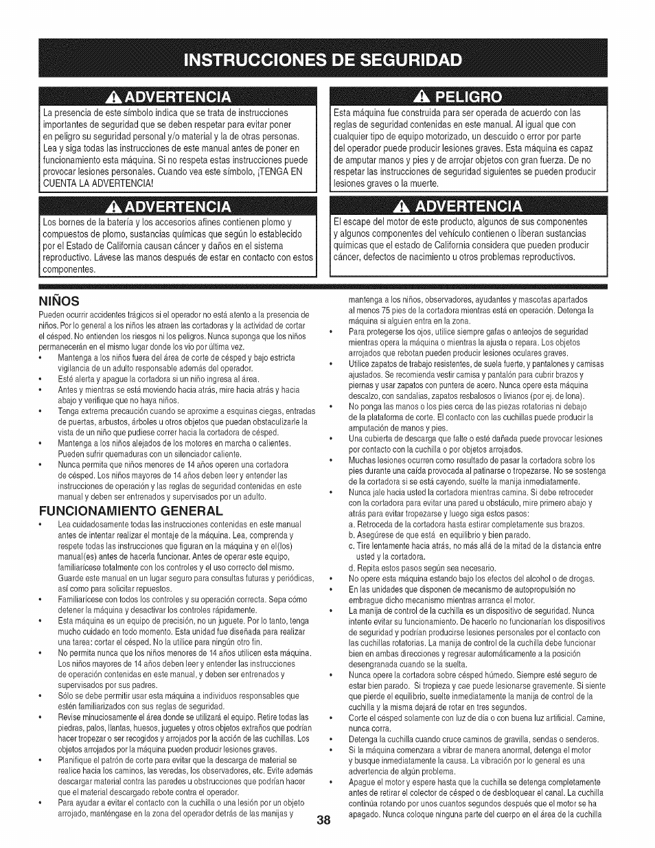 A advertencia, Minos, Funcionamiento general | Instrucciones de segurida, A peligro | Craftsman 247.887210 User Manual | Page 38 / 60