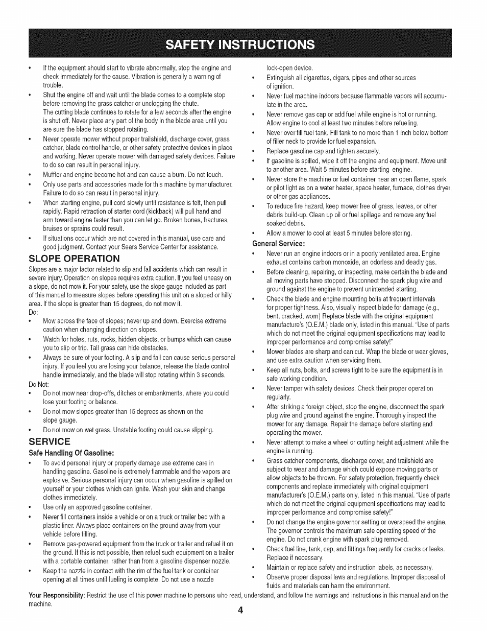 Safety instruction, Slope operation, Service | Craftsman 247.887210 User Manual | Page 4 / 60