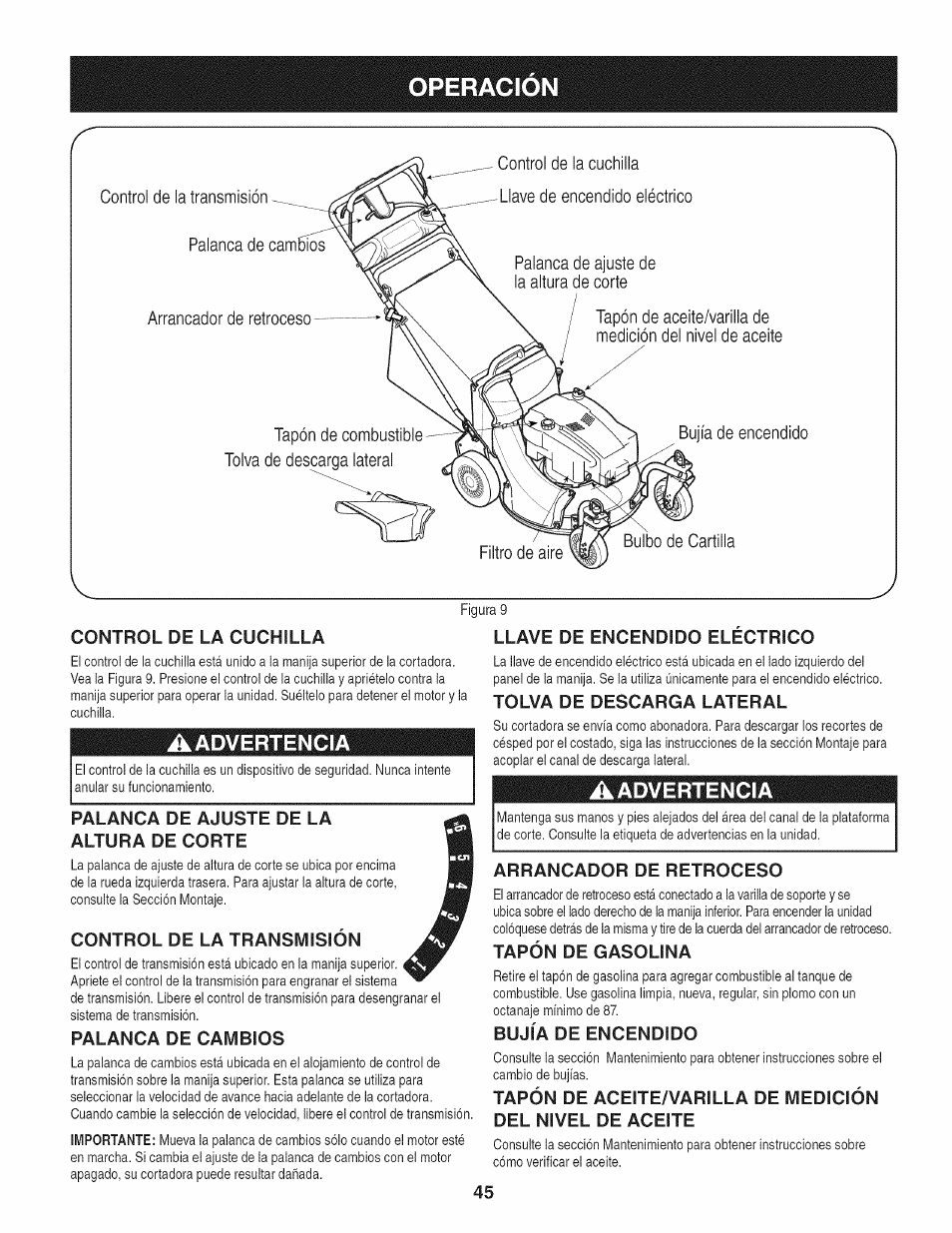 Control de la cuchilla, Aadvertencia, Palanca de ajuste de la altura de corte | Control de la transmisión, Palanca de cambios, Llave de encendido electrico, Tolva de descarga lateral, Arrancador de retroceso, Tapón de gasolina, Bujía de encendido | Craftsman 247.887210 User Manual | Page 45 / 60