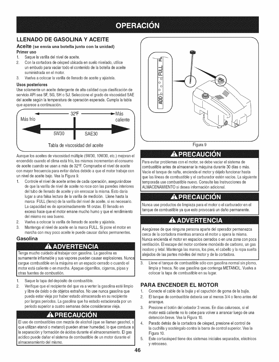 Gasolina, Aprecaucion, Para encender el motor | Operacion, Llenado de gasolina y aceite aceite, Advertencia, Precaución | Craftsman 247.887210 User Manual | Page 46 / 60