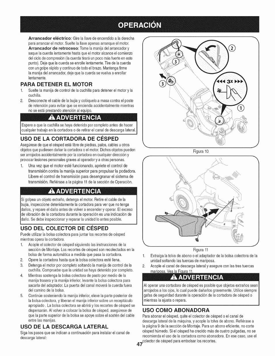 Para detener el motor, Aadvertencia, Uso de la cortadora de cesped | Uso del colector de cesped, Uso de la descarga lateral, Uso como abonadora, Operacion | Craftsman 247.887210 User Manual | Page 47 / 60