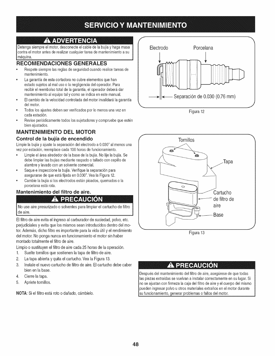 A advertencia, Recomendaciones generales, Mantenimiento del filtro de aire | A precaución, Servicio y mantenimiento, Advertencia, Precaución | Craftsman 247.887210 User Manual | Page 48 / 60