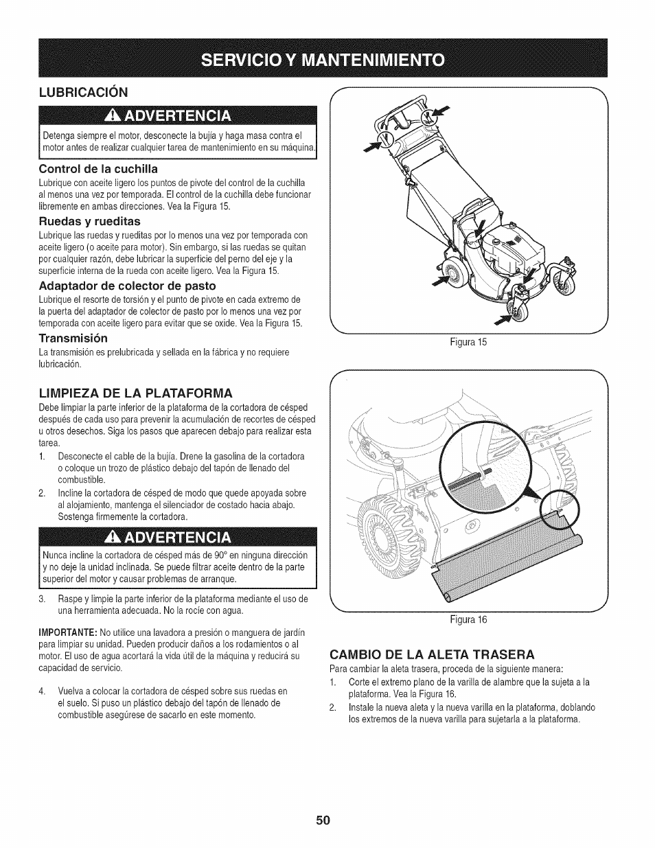 A advertencia, Control de la cuchilla, Ruedas y rueditas | Adaptador de colector de pasto, Transmisión, Limpieza de la plataforma, Cambio de la aleta trasera, Servicio y mantenimiento, Advertencia, Lubricacion | Craftsman 247.887210 User Manual | Page 50 / 60