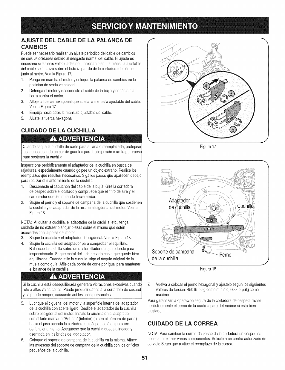 Cuidado de la cuchilla, A advertencia, Cuidado de la correa | Servicio y mantenimiento, Advertencia, Ajuste del cable de la palanca de cambios | Craftsman 247.887210 User Manual | Page 51 / 60