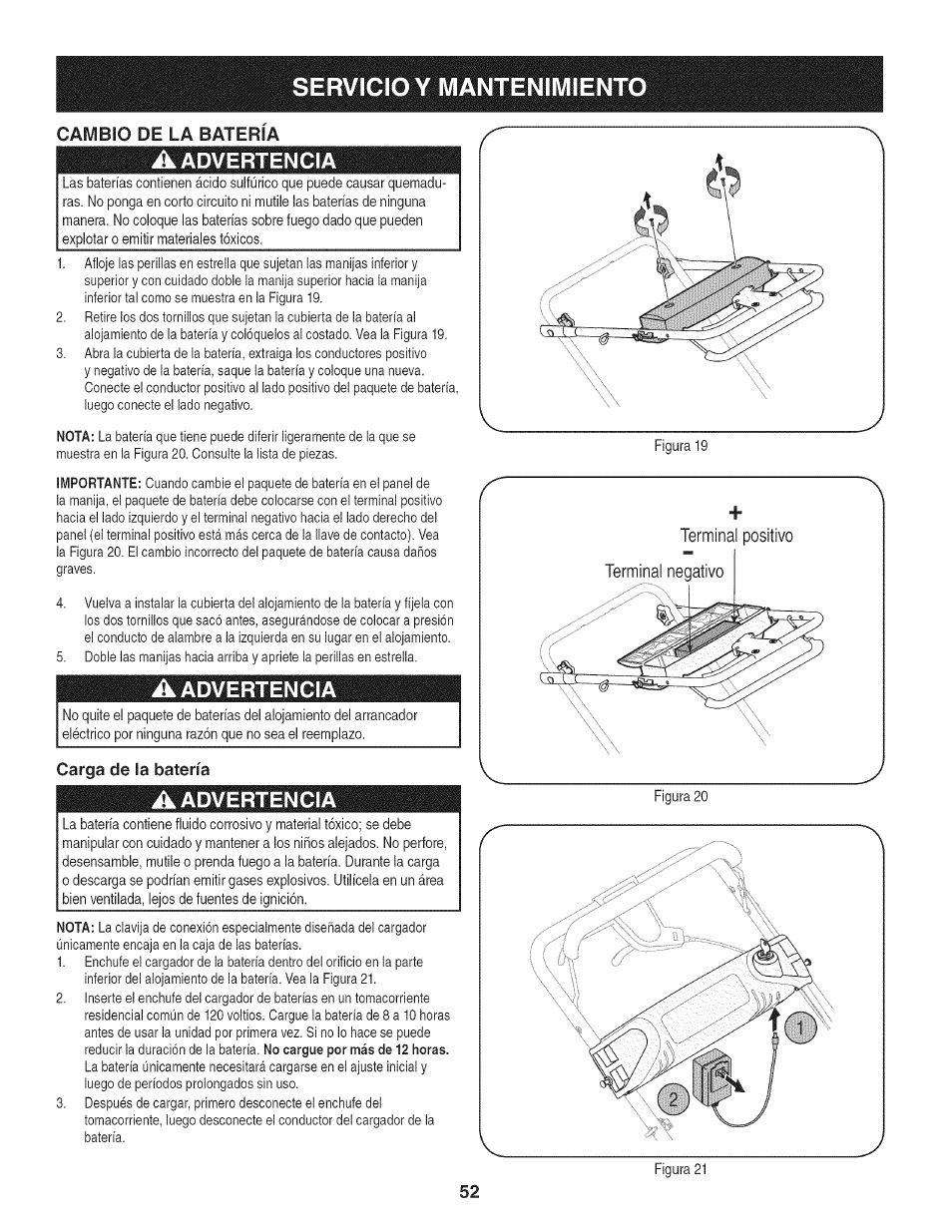 A advertencia, Carga de la batería, Servicio y mantenimiento | Advertencia, Cambio de la bateria | Craftsman 247.887210 User Manual | Page 52 / 60