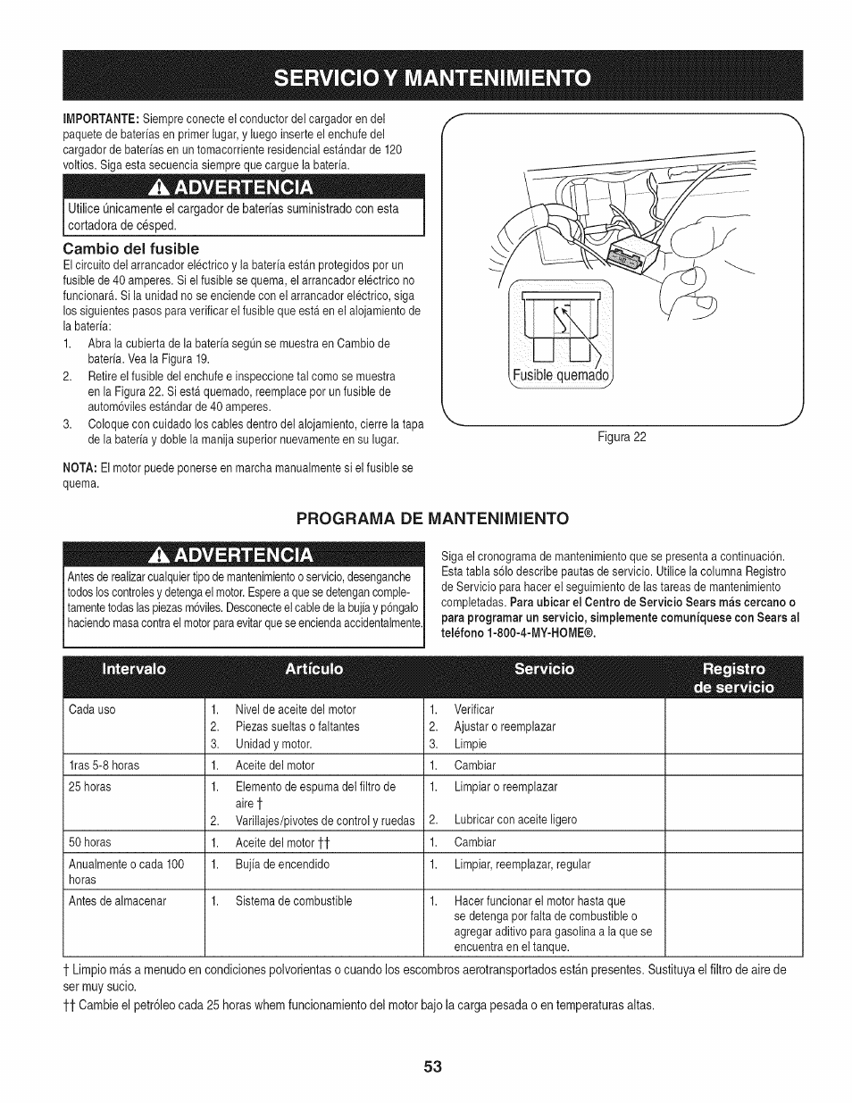 A advertencia, Cambio del fusible, Programa de mantenimiento | Servicio y mantenimiento, Intervalo artículo servicio registro de servicio | Craftsman 247.887210 User Manual | Page 53 / 60