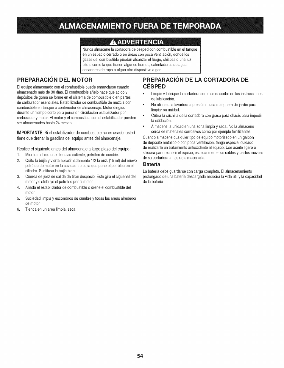 Almacenamiento fuera de temporad, Aadvertencia, Preparacion del motor | Preparacion de la cortadora de césped, Batería, Almacenamiento fuera de temporada | Craftsman 247.887210 User Manual | Page 54 / 60