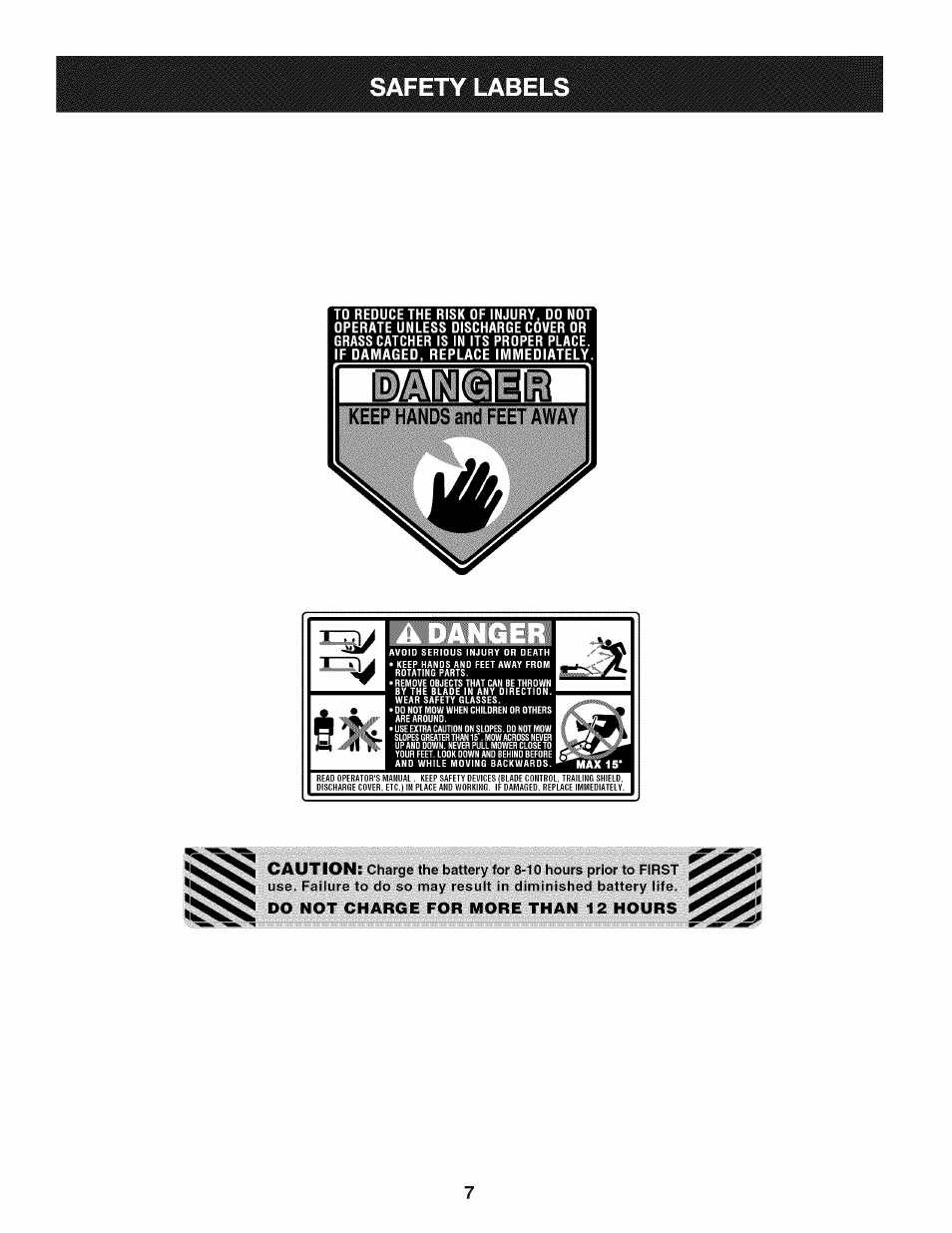 Safety labels, Keep hands and feet away | Craftsman 247.887210 User Manual | Page 7 / 60