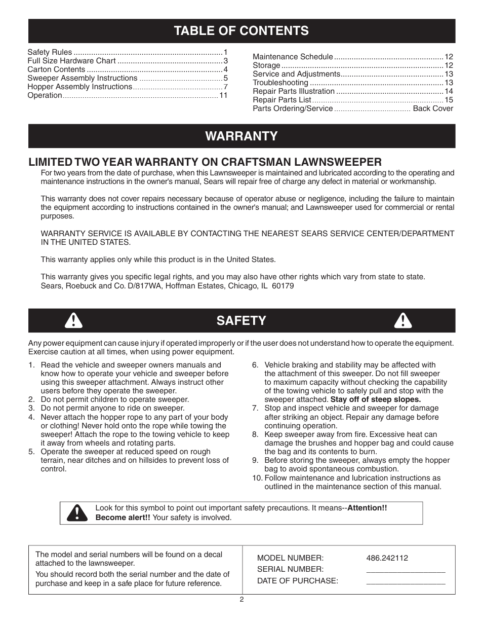 Safety warranty table of contents, Limited two year warranty on craftsman lawnsweeper | Craftsman 486.242112 User Manual | Page 2 / 16