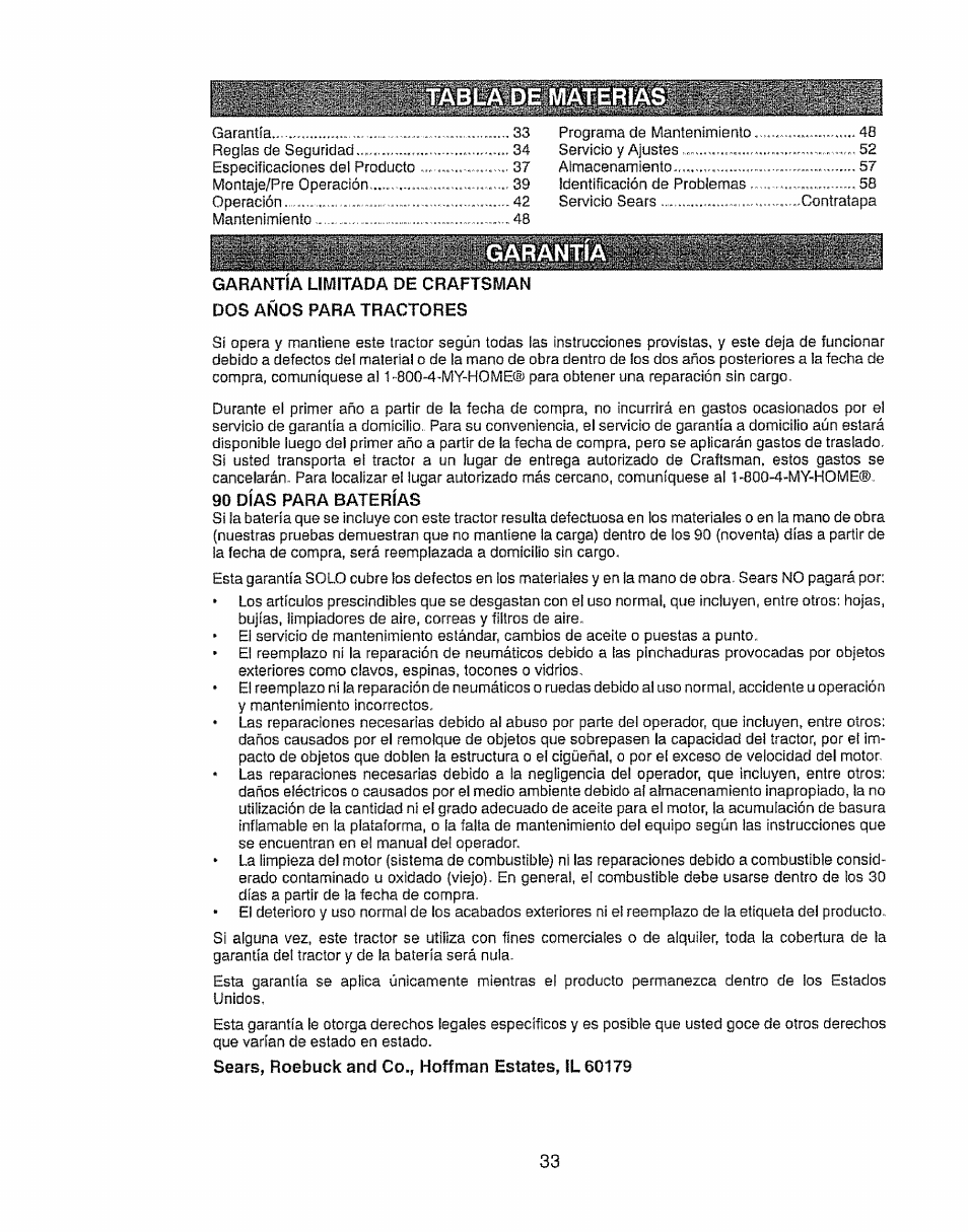 De materias, I',' 1, 90 días para baterías | Garantía | Craftsman 917.28903 User Manual | Page 33 / 64