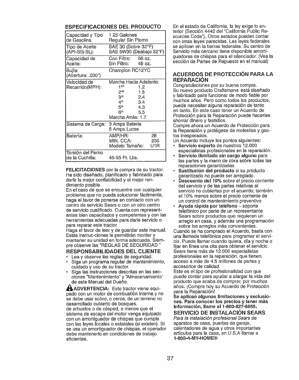 Acuerdos de protección para la reparación, Servicio de instalación sears | Craftsman 917.28903 User Manual | Page 37 / 64