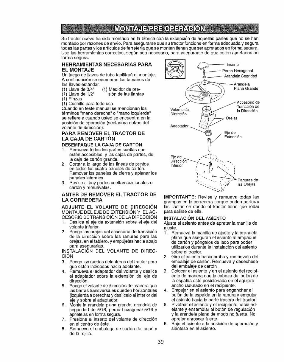 Herramientas necesarias para el montaje, Antes de remover el tractor de la corredera | Craftsman 917.28903 User Manual | Page 39 / 64