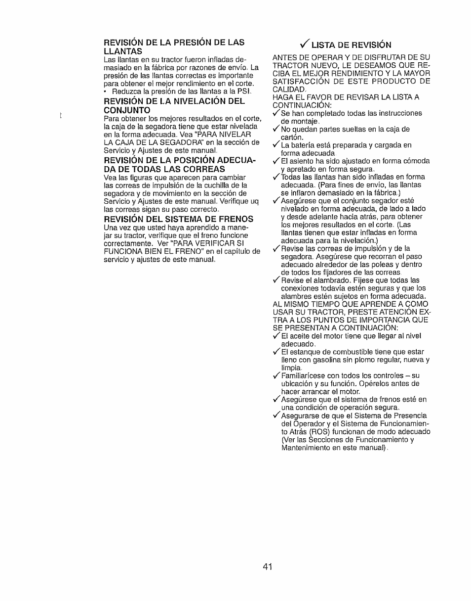 Revision de la presion de las llantas, Y/ lista de revisión | Craftsman 917.28903 User Manual | Page 41 / 64