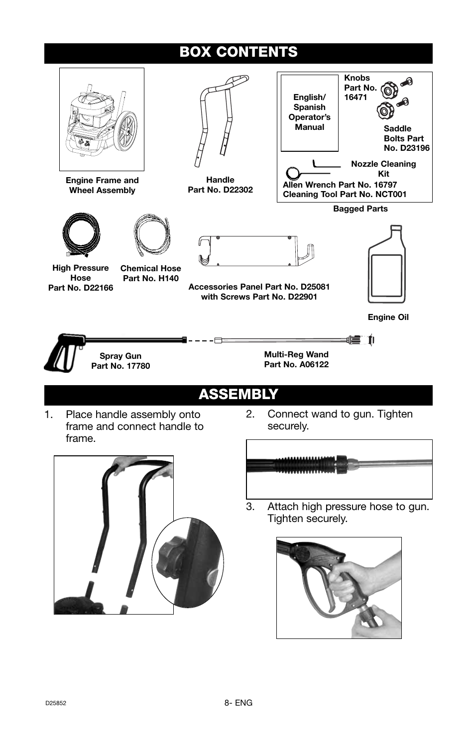 Assembly, Box contents | Craftsman D25852 User Manual | Page 8 / 44