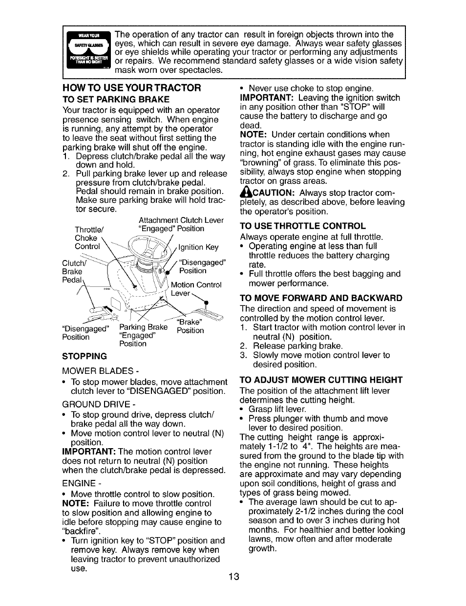 Howto use your tractor to set parking brake, Stopping, To use xhrottle control | To move forward and backward, To adjust mower cutting height | Craftsman 917.273763 User Manual | Page 13 / 56