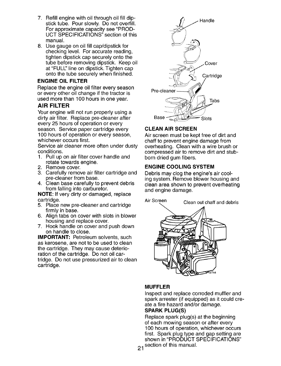 Engine oil filter, Clean air screen, Engine cooling system | Muffler, Spark plug(s) | Craftsman 917.273763 User Manual | Page 21 / 56