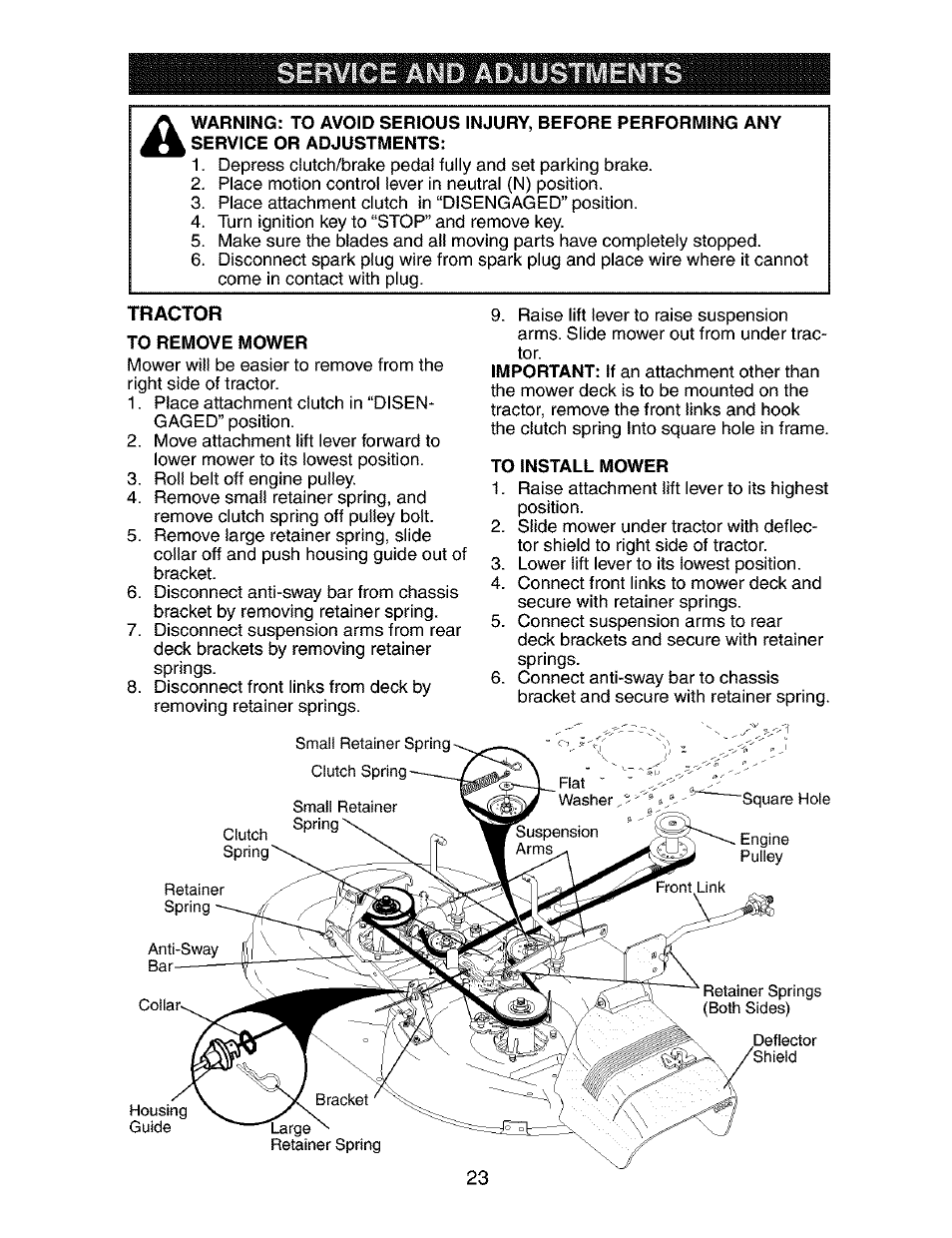 To remove mower, To install mower | Craftsman 917.273763 User Manual | Page 23 / 56