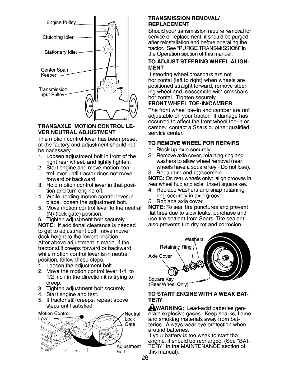 Transaxle motion control lever neutral adjustment, Transmission removal/ replacement, To adjust steering wheel alignment | To remove wheel for repairs, To start engine with a weak bat | Craftsman 917.273763 User Manual | Page 26 / 56
