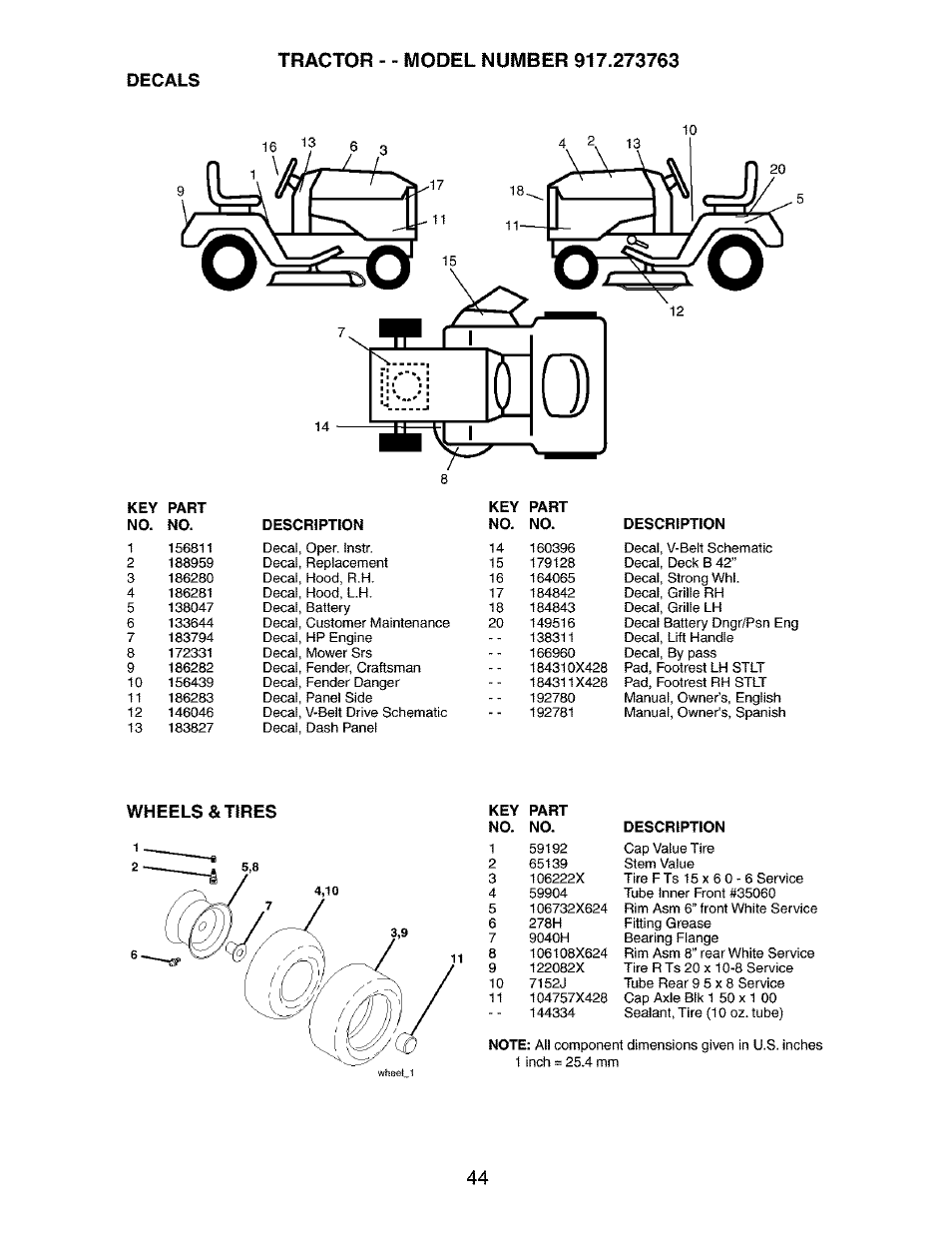 Decals, Wheels & tires | Craftsman 917.273763 User Manual | Page 44 / 56