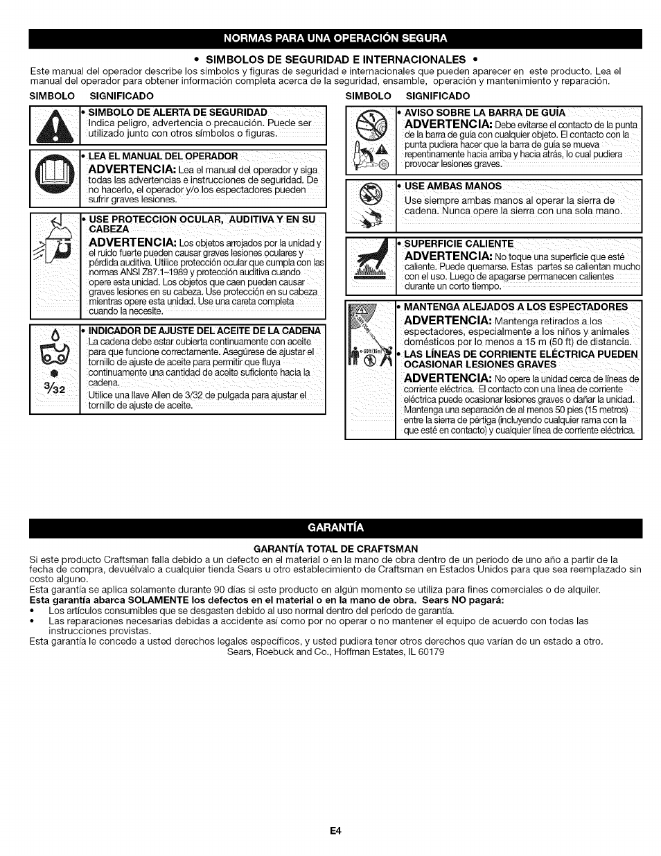 Simbolos de seguridad e internacionales, Garantia | Craftsman 316.792460 User Manual | Page 12 / 20